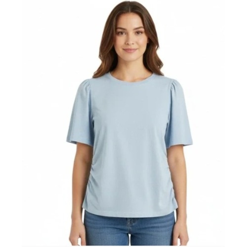 Madewell Top Womens‎ XS Blue Crewneck Puff Sleeve Ruched Cotton T Shirt NU869
